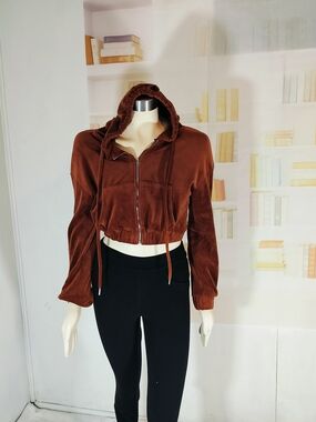 Windsor Rust Brown Velvet Cropped Hoodie Bomber Jacket